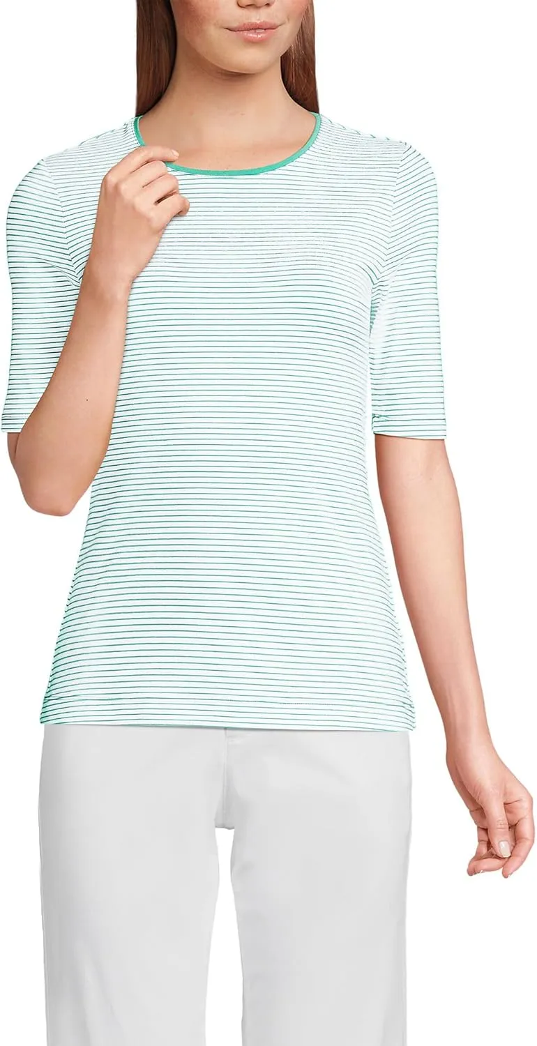 Lands' End Women's Lightweight Jersey Skimming Elbow Sleeve Crew Neck T-Shirt