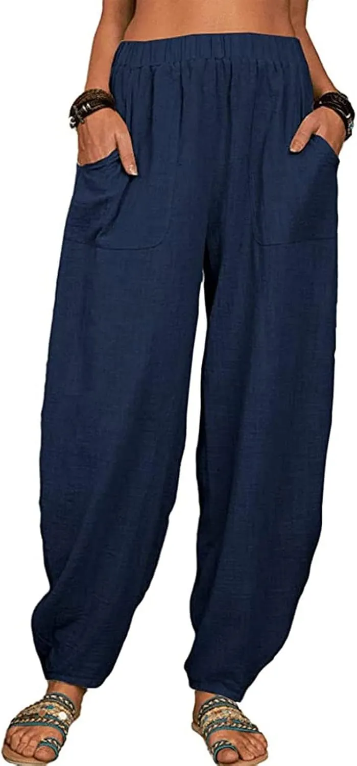 Linen Harem Pants for Women Summer Light Weight Quick Dry Pants Loose Wide Leg Trousers Pocket Elastic Waist Pants
