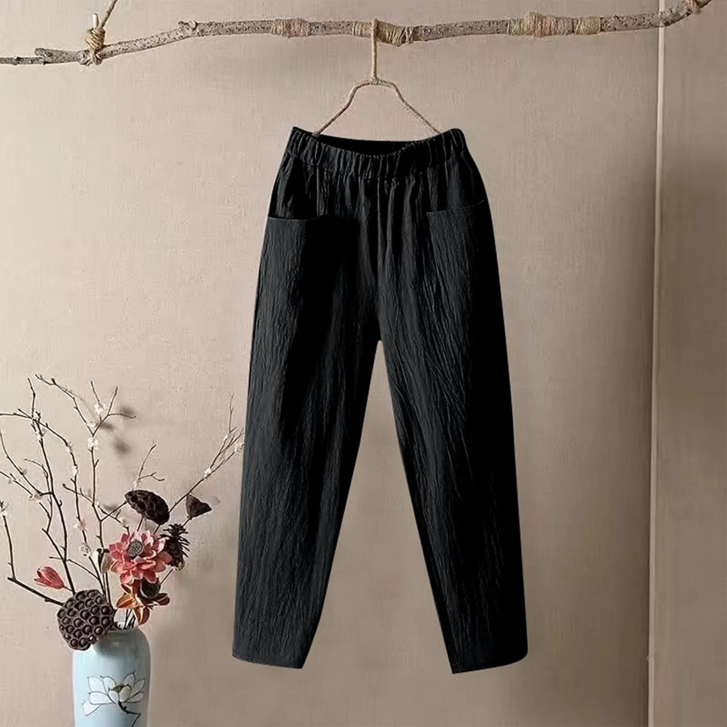 Linen Pants for Women, Pants Women Peasant Linen Casual Straight Leg Plaid