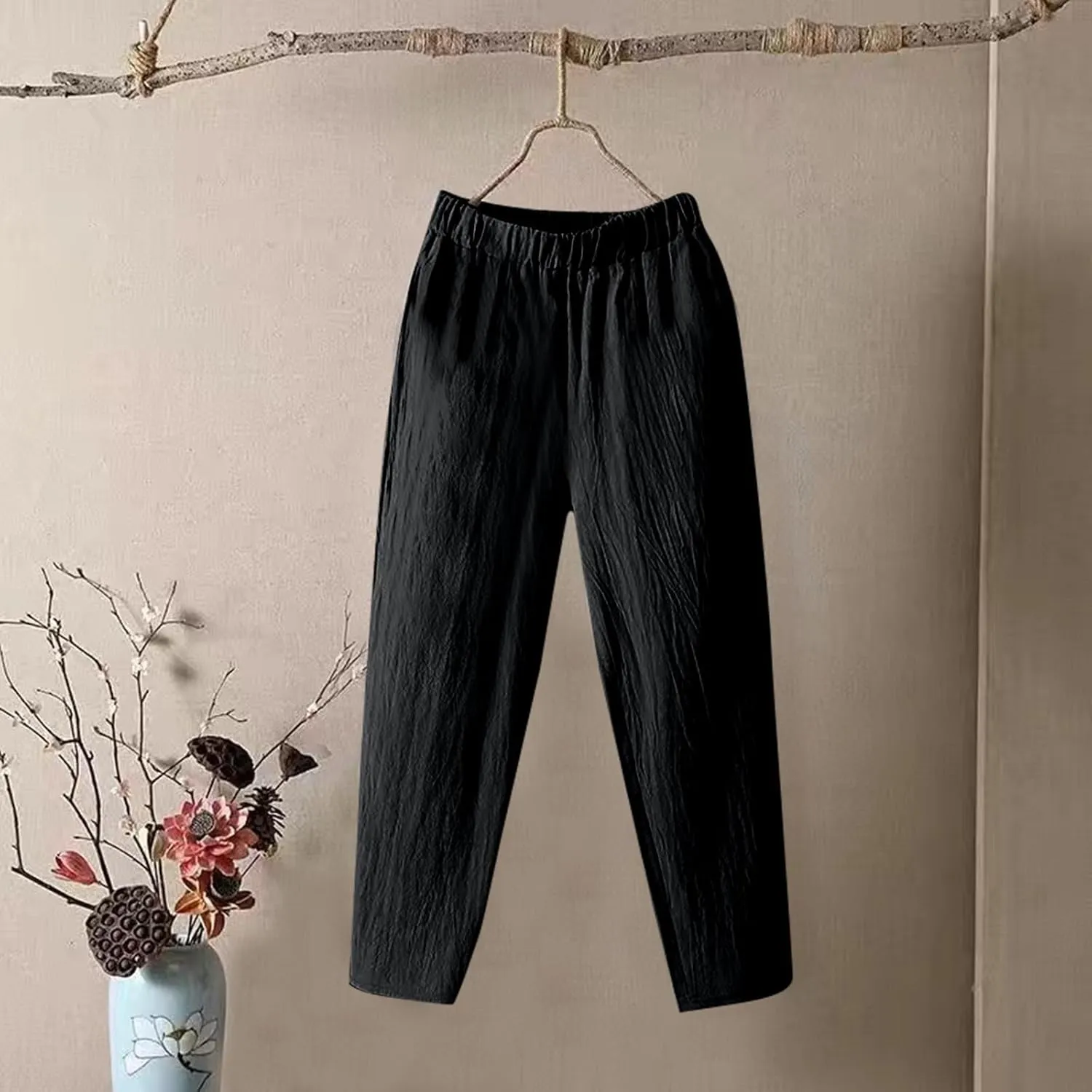 Linen Pants for Women, Pants Women Peasant Linen Casual Straight Leg Plaid