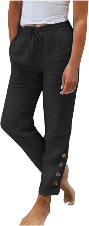 Linen Pants for Women Summer Drawstring Waist Wide Leg Pants Casual Elastic Waist Pants Beach Trousers Outfits