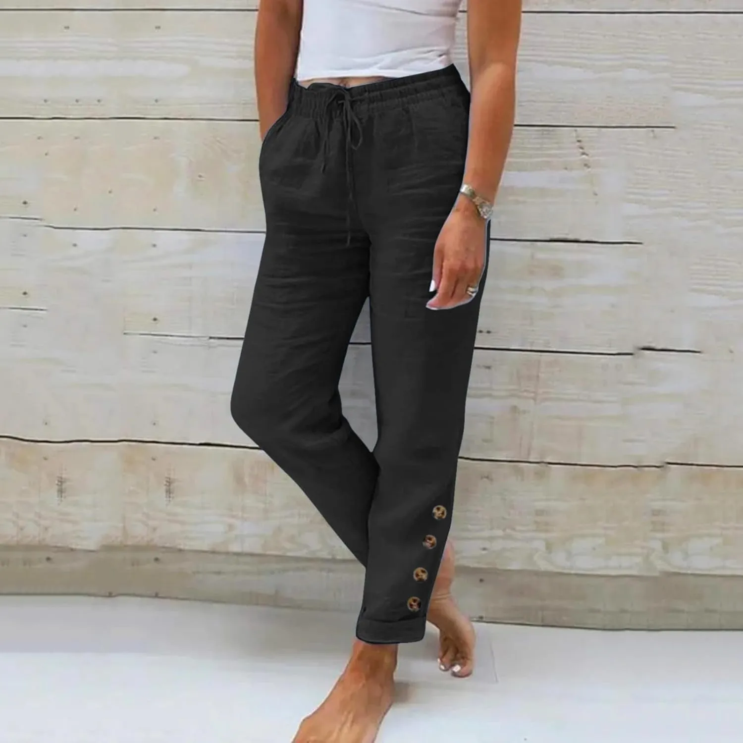 Linen Pants for Women Summer Drawstring Waist Wide Leg Pants Casual Elastic Waist Pants Beach Trousers Outfits