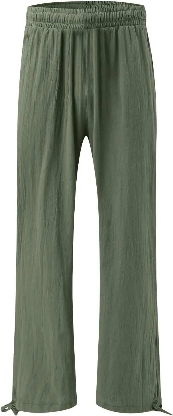 Linen Pants for Women Summer High Waisted Wide Leg Pants Casual Elastic Waist Palazzo Pants Beach Pants with Pockets