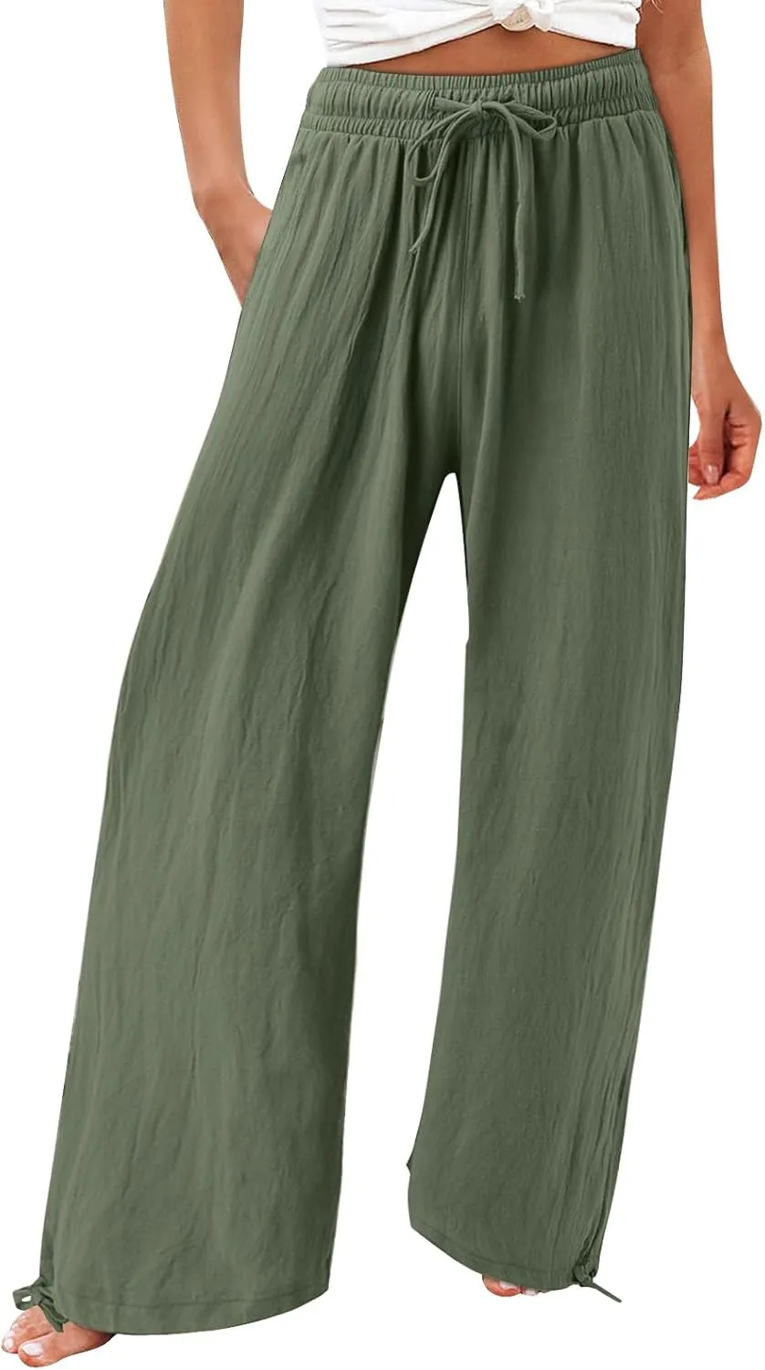 Linen Pants for Women Summer High Waisted Wide Leg Pants Casual Elastic Waist Palazzo Pants Beach Pants with Pockets