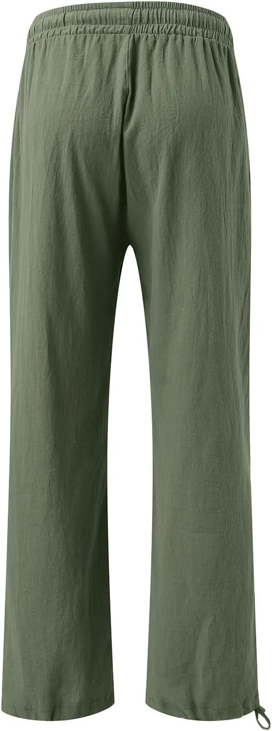 Linen Pants for Women Summer High Waisted Wide Leg Pants Casual Elastic Waist Palazzo Pants Beach Pants with Pockets