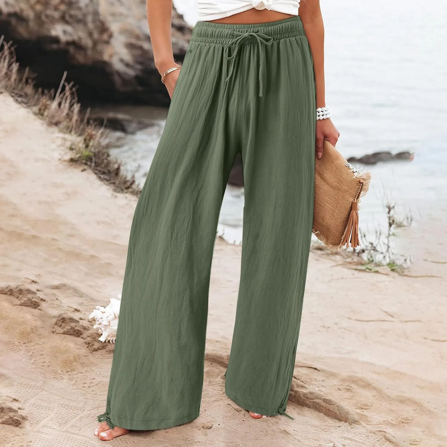 Linen Pants for Women Summer High Waisted Wide Leg Pants Casual Elastic Waist Palazzo Pants Beach Pants with Pockets