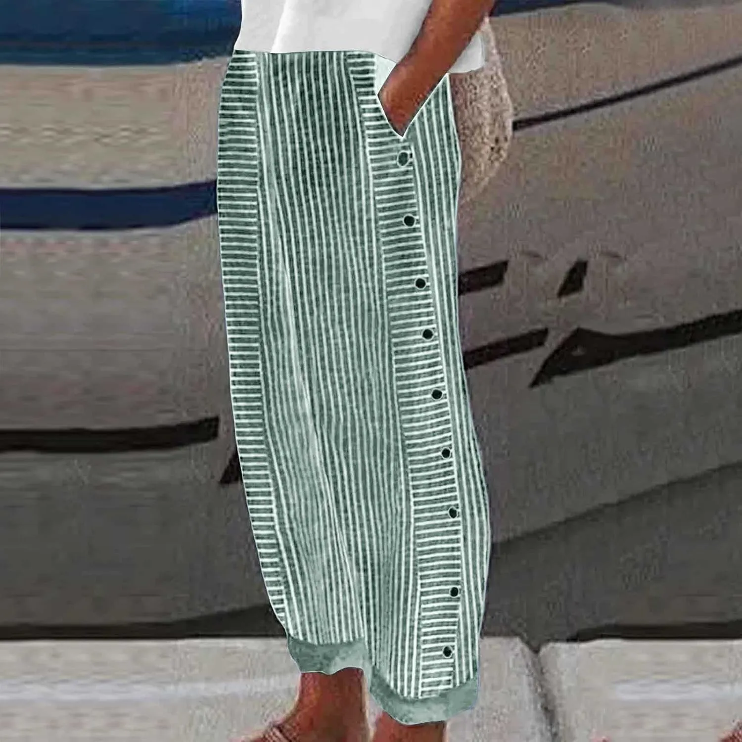 Linen Pants Women Cropped Side Button Elastic Waist Pants Casual Summer Beach Trousers with Pockets