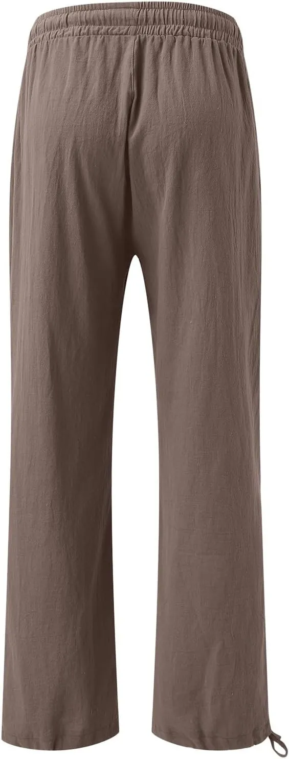 Linen Pants Women Plus Size Boho Comfy Flowy Wide Leg Trouser Summer High Waist Beach Palazzo Sweatpant with Pocket