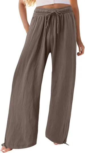 Linen Pants Women Plus Size Boho Comfy Flowy Wide Leg Trouser Summer High Waist Beach Palazzo Sweatpant with Pocket