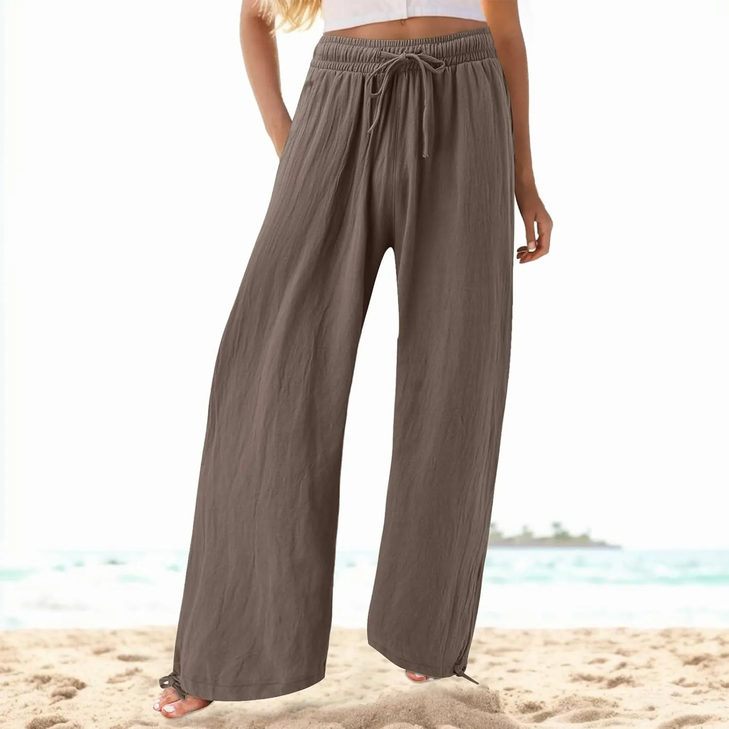 Linen Pants Women Plus Size Boho Comfy Flowy Wide Leg Trouser Summer High Waist Beach Palazzo Sweatpant with Pocket