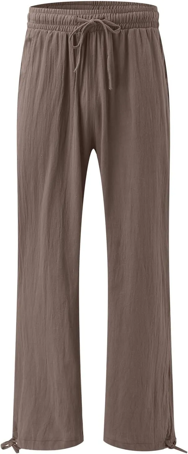 Linen Pants Women Plus Size Boho Comfy Flowy Wide Leg Trouser Summer High Waist Beach Palazzo Sweatpant with Pocket