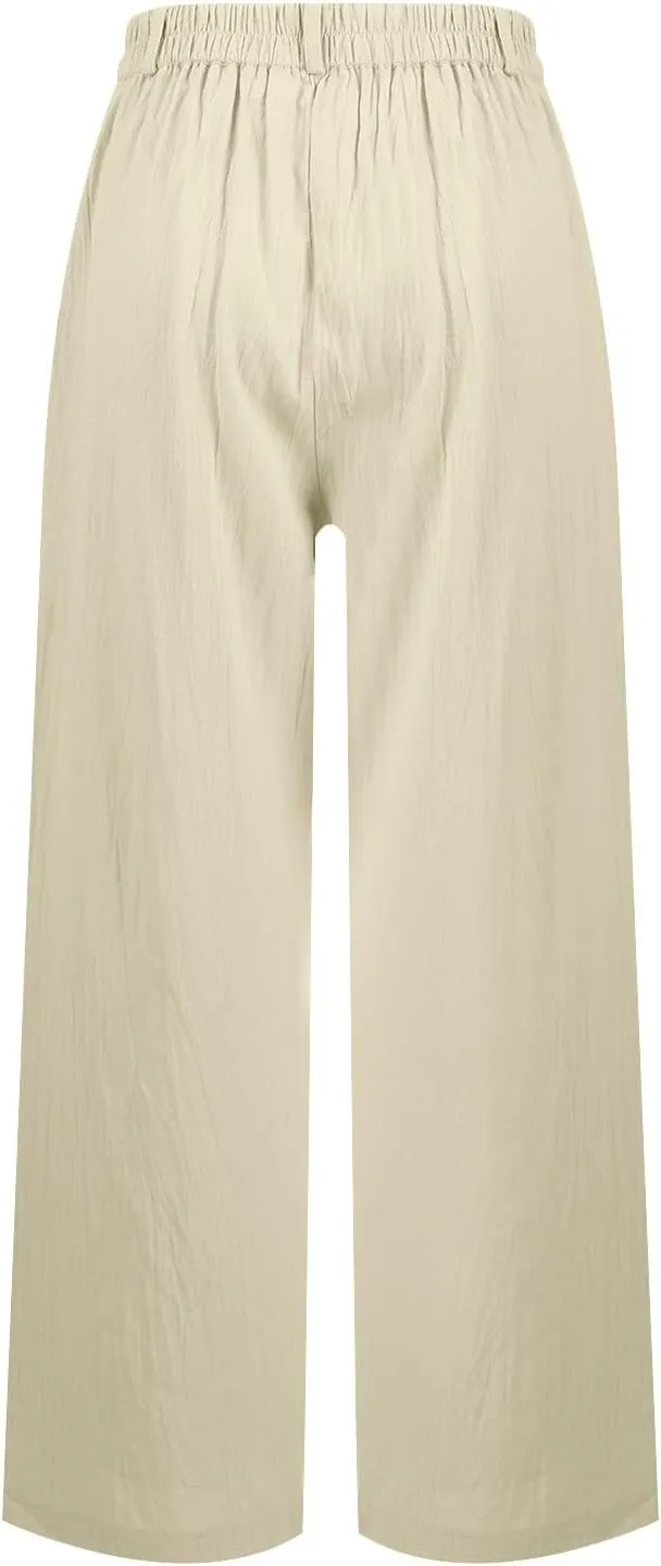 Linen Pants Women Summer Lightweight Back Elastic Waist Straight Wide Leg Work Pants Business Casual Teacher Pants