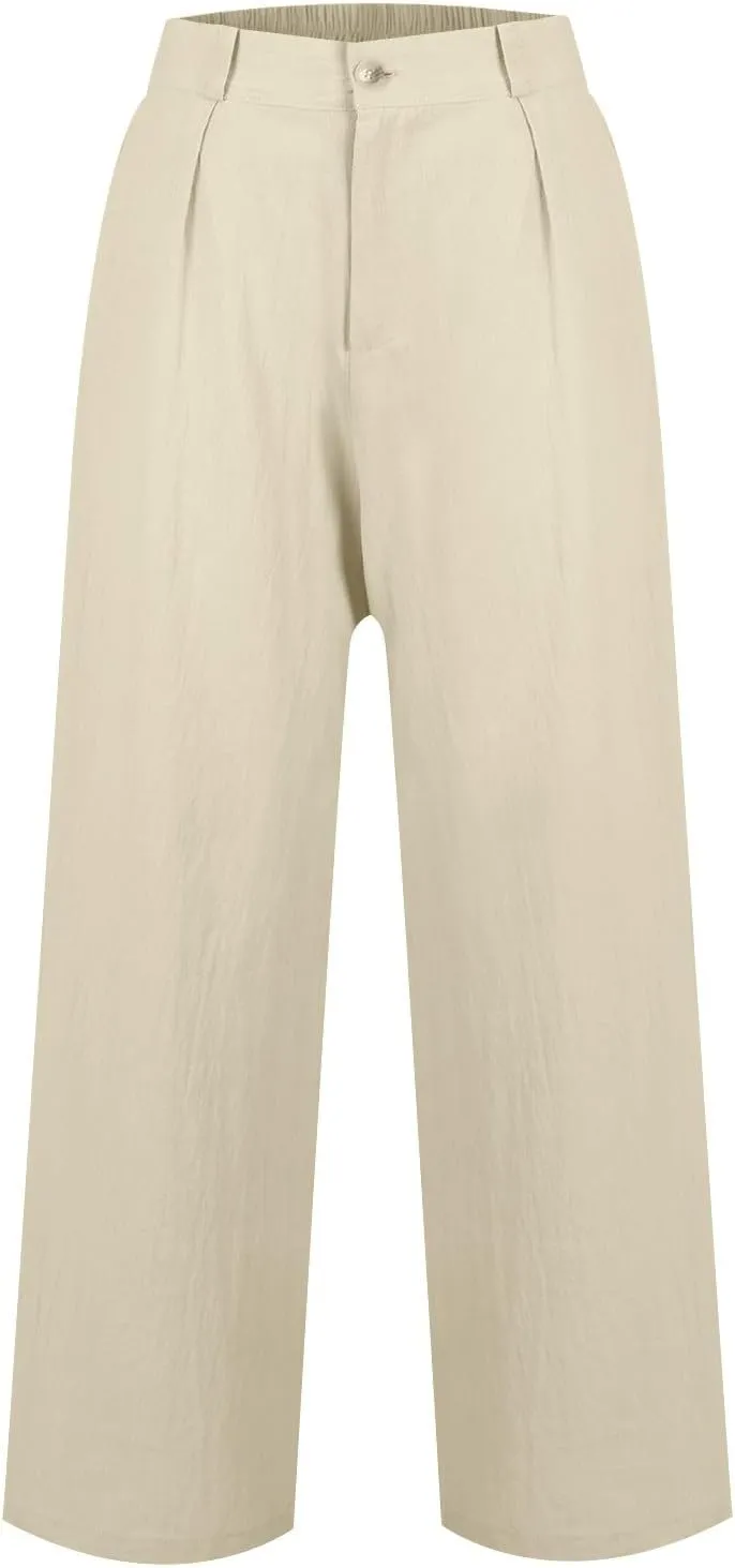 Linen Pants Women Summer Lightweight Back Elastic Waist Straight Wide Leg Work Pants Business Casual Teacher Pants