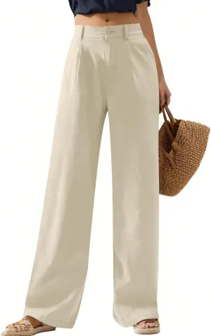 Linen Pants Women Summer Lightweight Back Elastic Waist Straight Wide Leg Work Pants Business Casual Teacher Pants