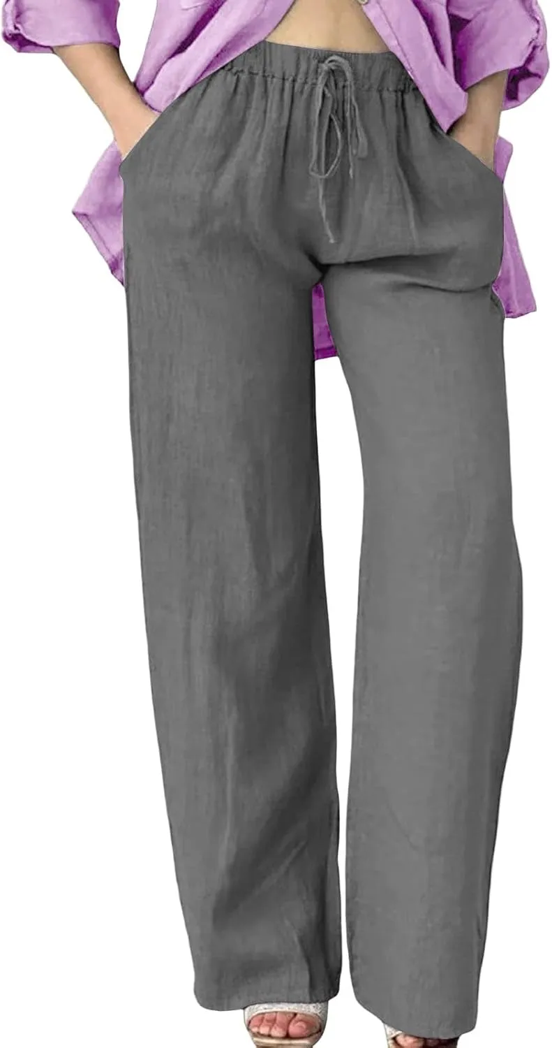 Linen Wide Leg Pants for Women Casual Summer Elastic Waist Beach Pants Loose Fit Flowy Lounge Trousers with Pockets