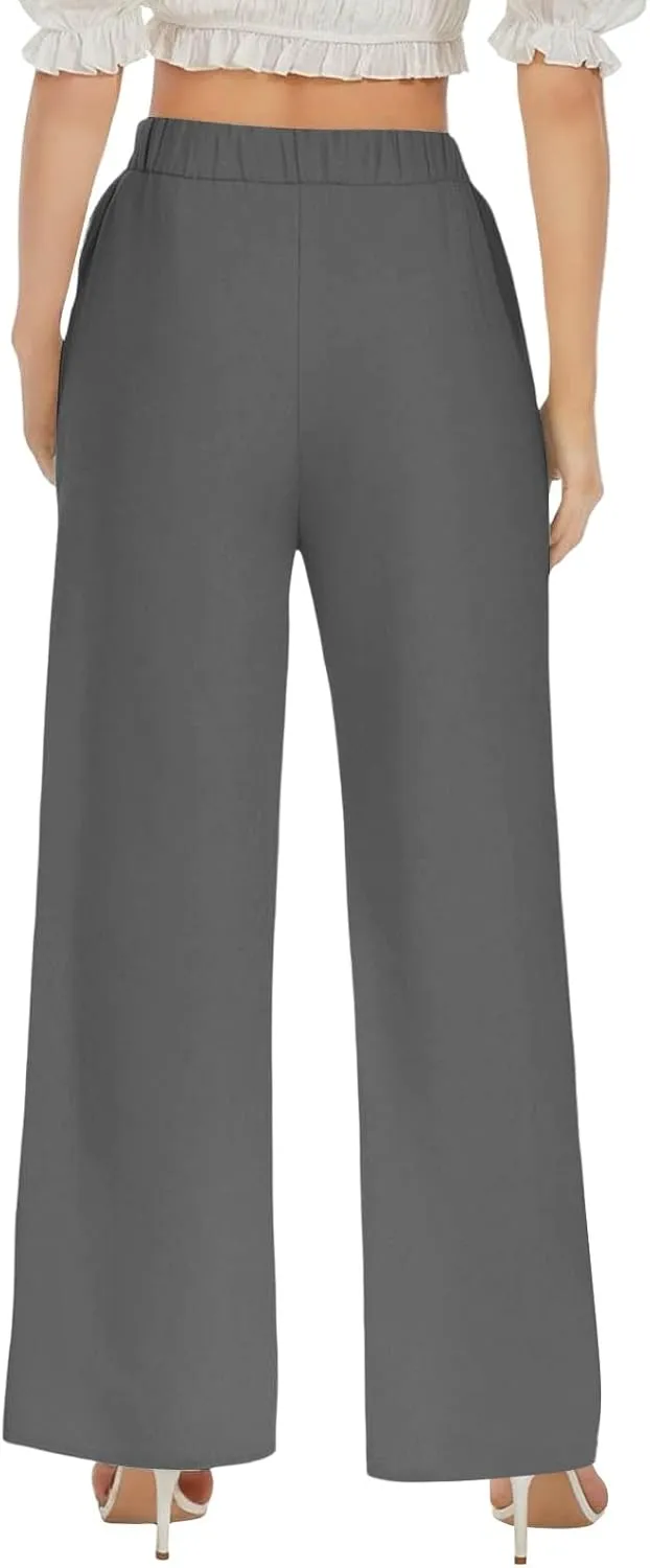Linen Wide Leg Pants for Women Casual Summer Elastic Waist Beach Pants Loose Fit Flowy Lounge Trousers with Pockets
