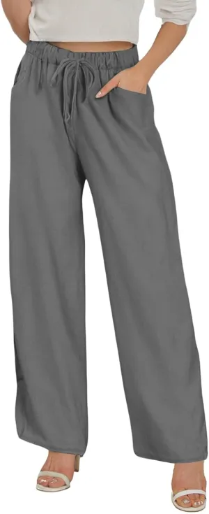 Linen Wide Leg Pants for Women Casual Summer Elastic Waist Beach Pants Loose Fit Flowy Lounge Trousers with Pockets