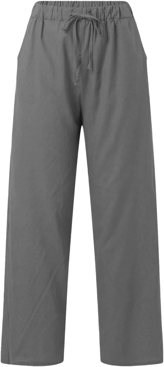 Linen Wide Leg Pants for Women Casual Summer Elastic Waist Beach Pants Loose Fit Flowy Lounge Trousers with Pockets