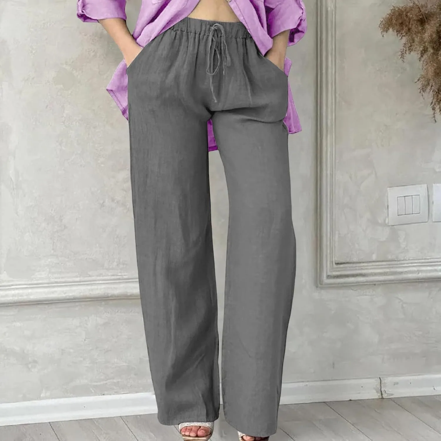Linen Wide Leg Pants for Women Casual Summer Elastic Waist Beach Pants Loose Fit Flowy Lounge Trousers with Pockets