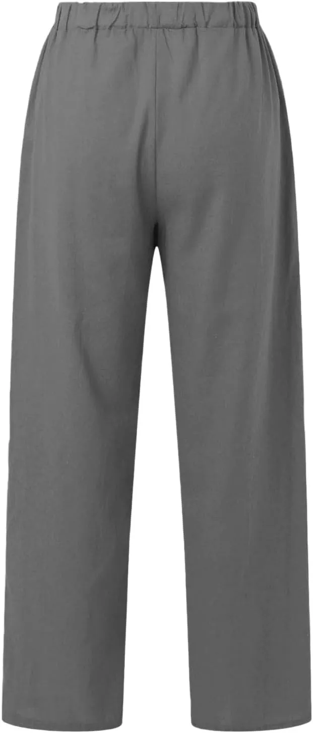 Linen Wide Leg Pants for Women Casual Summer Elastic Waist Beach Pants Loose Fit Flowy Lounge Trousers with Pockets
