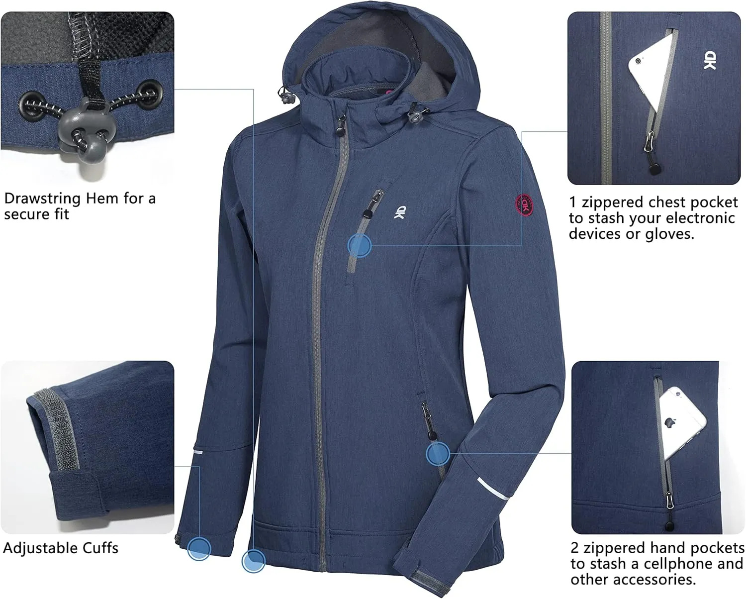 Little Donkey Andy Women's Softshell Jacket Ski Jacket with Removable Hood, Fleece Lined