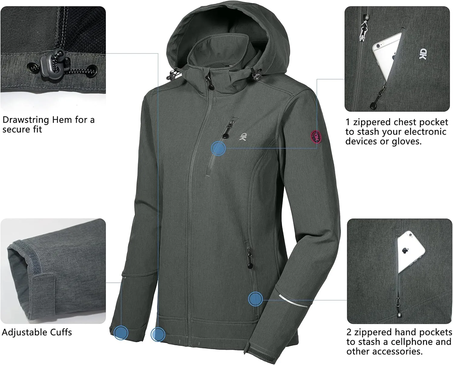 Little Donkey Andy Women's Softshell Jacket Ski Jacket with Removable Hood, Fleece Lined