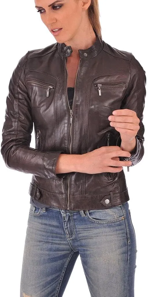 LL LEATHER LOVERS Women's Lambskin Leather Bomber Biker Jacket