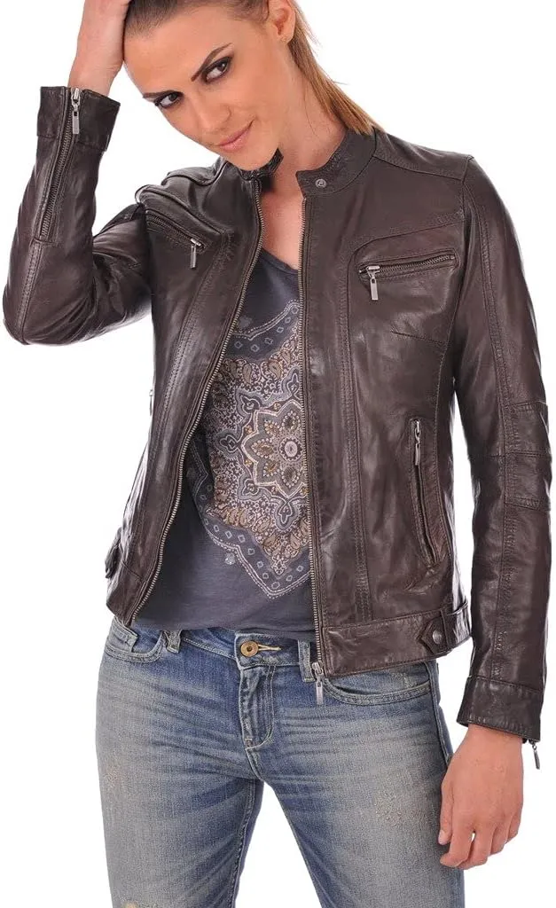 LL LEATHER LOVERS Women's Lambskin Leather Bomber Biker Jacket