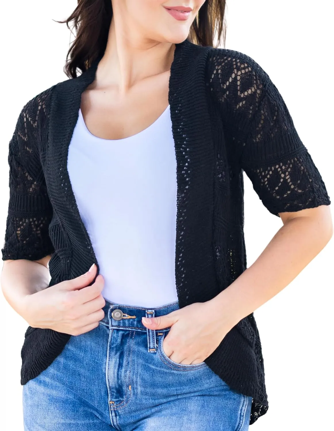 Loxdonz Women's Short Sleeve Crochet Knitted Bolero Shrug Cardigan Cropped Sweater