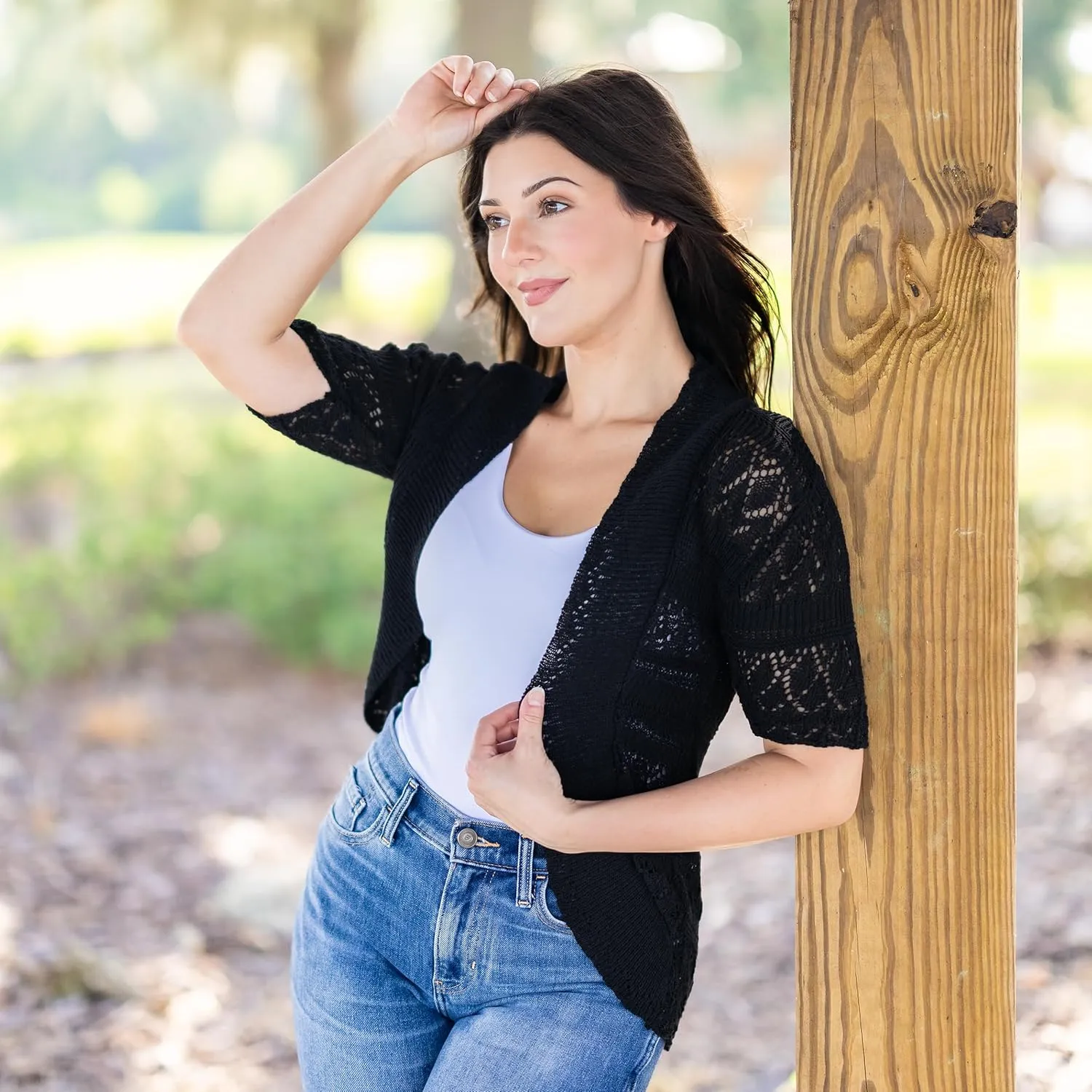 Loxdonz Women's Short Sleeve Crochet Knitted Bolero Shrug Cardigan Cropped Sweater