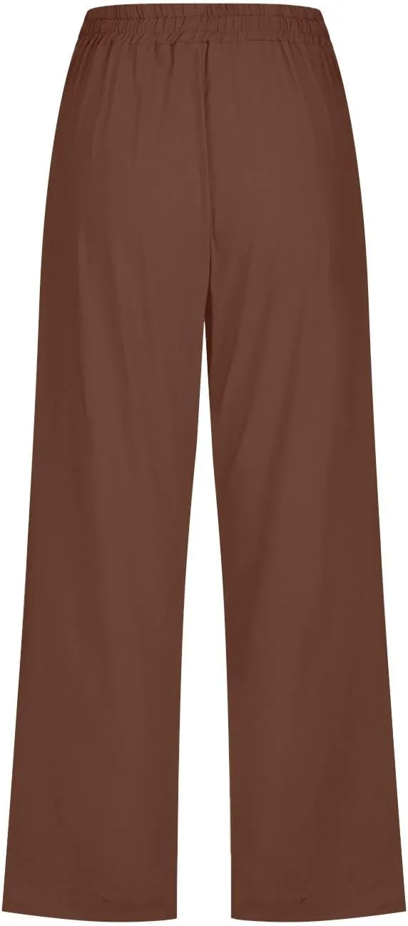 LRMQS Capris Pants for Women Cotton Linen Casual Summer 2025 Straight Wide Leg Loose Drawstring Elastic Waist Cropped Trouser