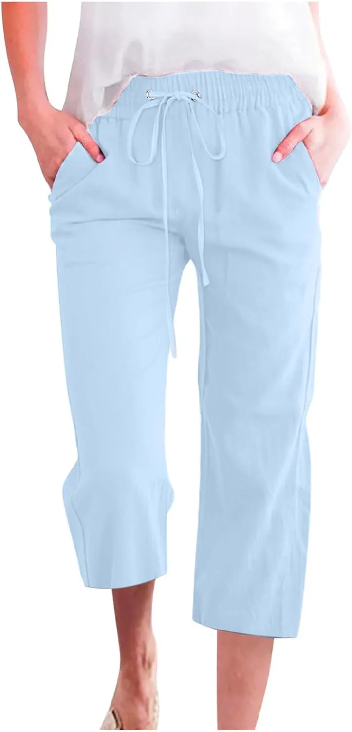 LRMQS Capris Pants for Women Cotton Linen Casual Summer 2025 Straight Wide Leg Loose Drawstring Elastic Waist Cropped Trouser