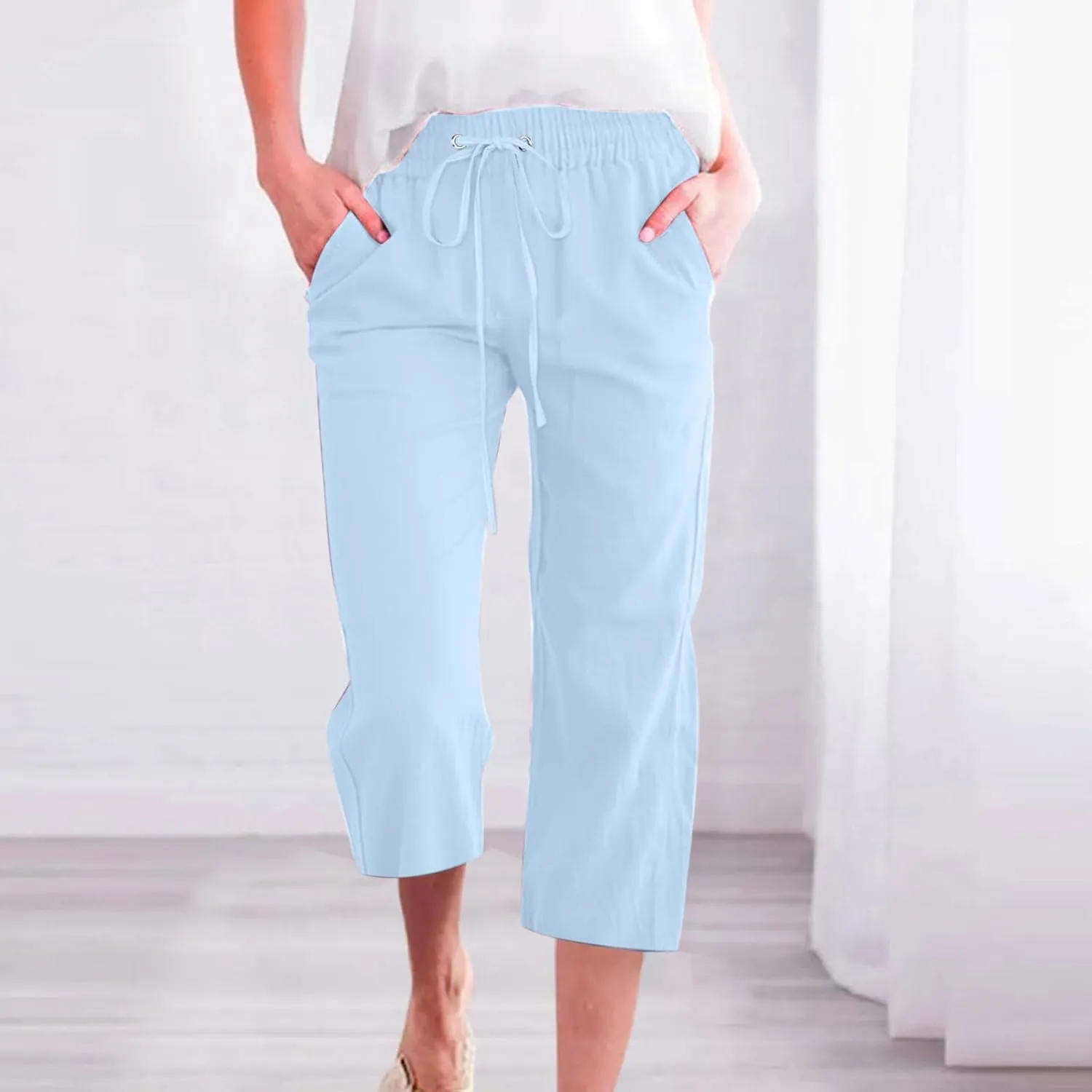 LRMQS Capris Pants for Women Cotton Linen Casual Summer 2025 Straight Wide Leg Loose Drawstring Elastic Waist Cropped Trouser