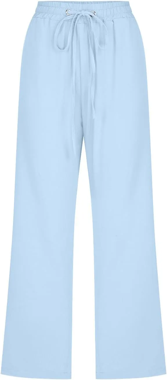 LRMQS Capris Pants for Women Cotton Linen Casual Summer 2025 Straight Wide Leg Loose Drawstring Elastic Waist Cropped Trouser