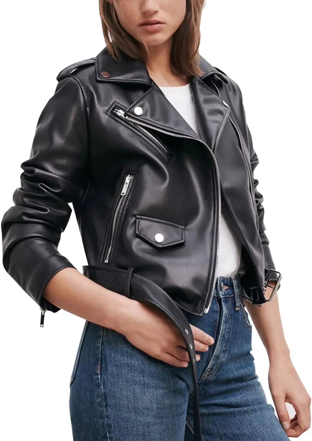 LY VAREY LIN Women's Faux Leather Motorcycle Jacket PU Slim Short Biker Coat