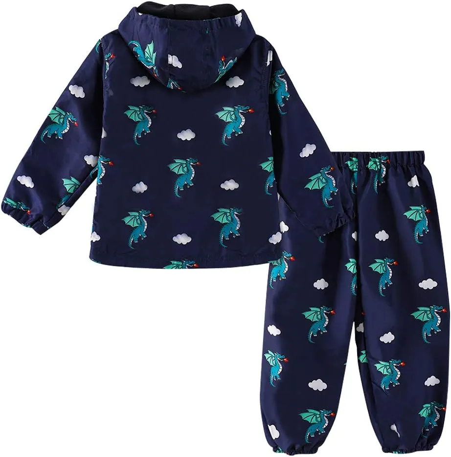 LZH Toddler Boys Girls Raincoat Waterproof Hooded Jacket Dinosaur Coat Pants Suit