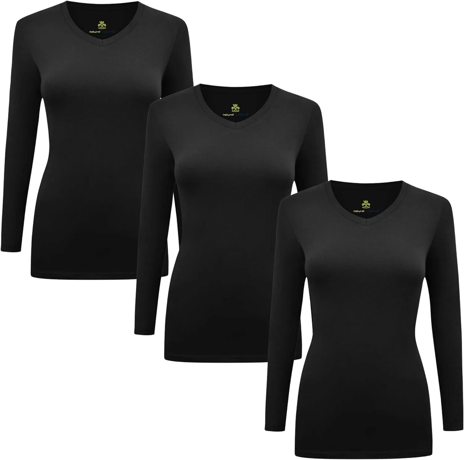 M&M SCRUBS Women's Under Scrub Tee V-Neck Long Sleeve T-Shirt - 3 Pack (Black, Small)