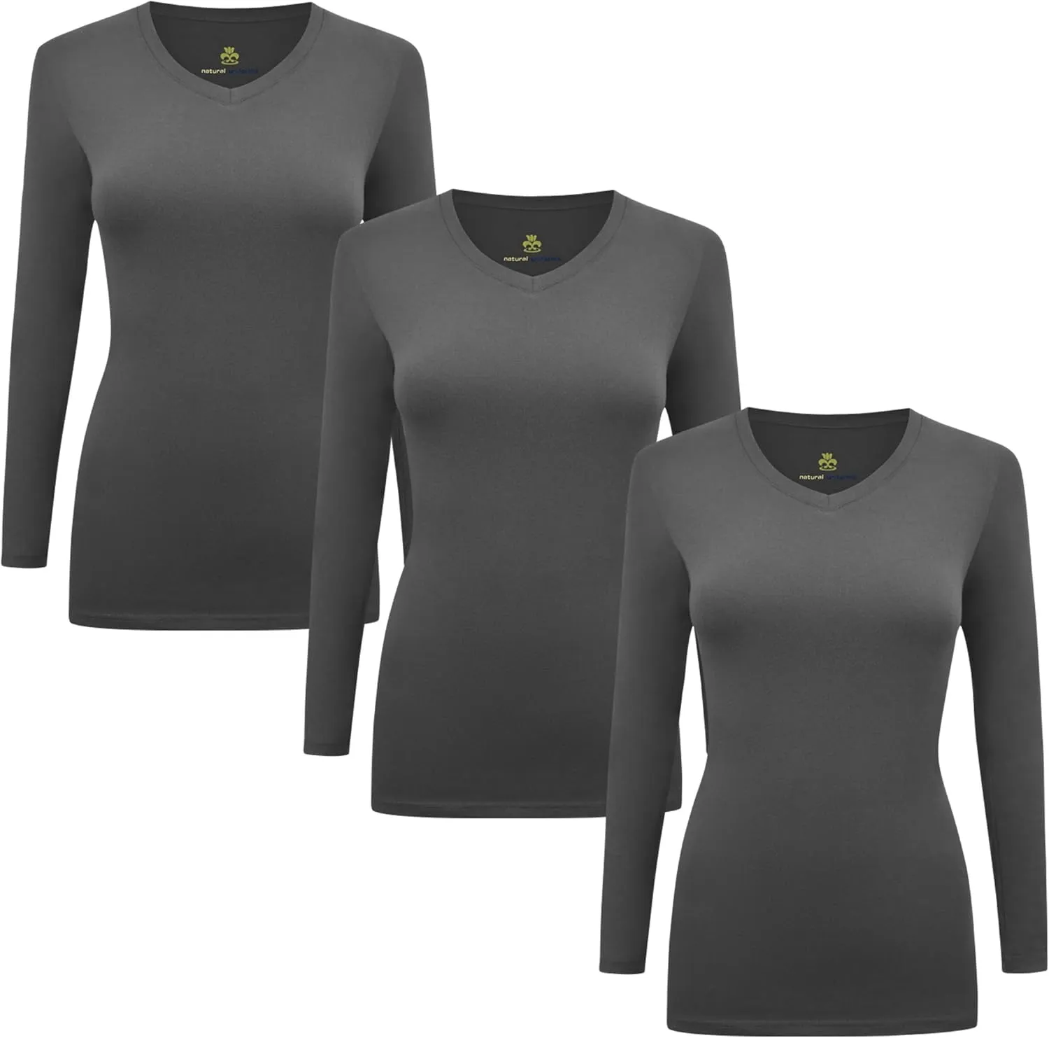 M&M SCRUBS Women's Under Scrub Tee V-Neck Long Sleeve T-Shirt - 3 Pack (Charcoal, X-Large)