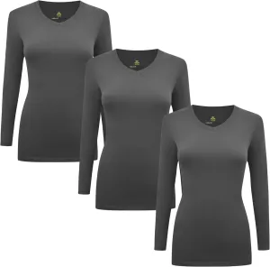 M&M SCRUBS Women's Under Scrub Tee V-Neck Long Sleeve T-Shirt - 3 Pack (Charcoal, X-Large)