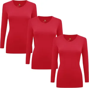 M&M SCRUBS Women's Under Scrub Tee V-Neck Long Sleeve T-Shirt - 3 Pack (Red, Large)