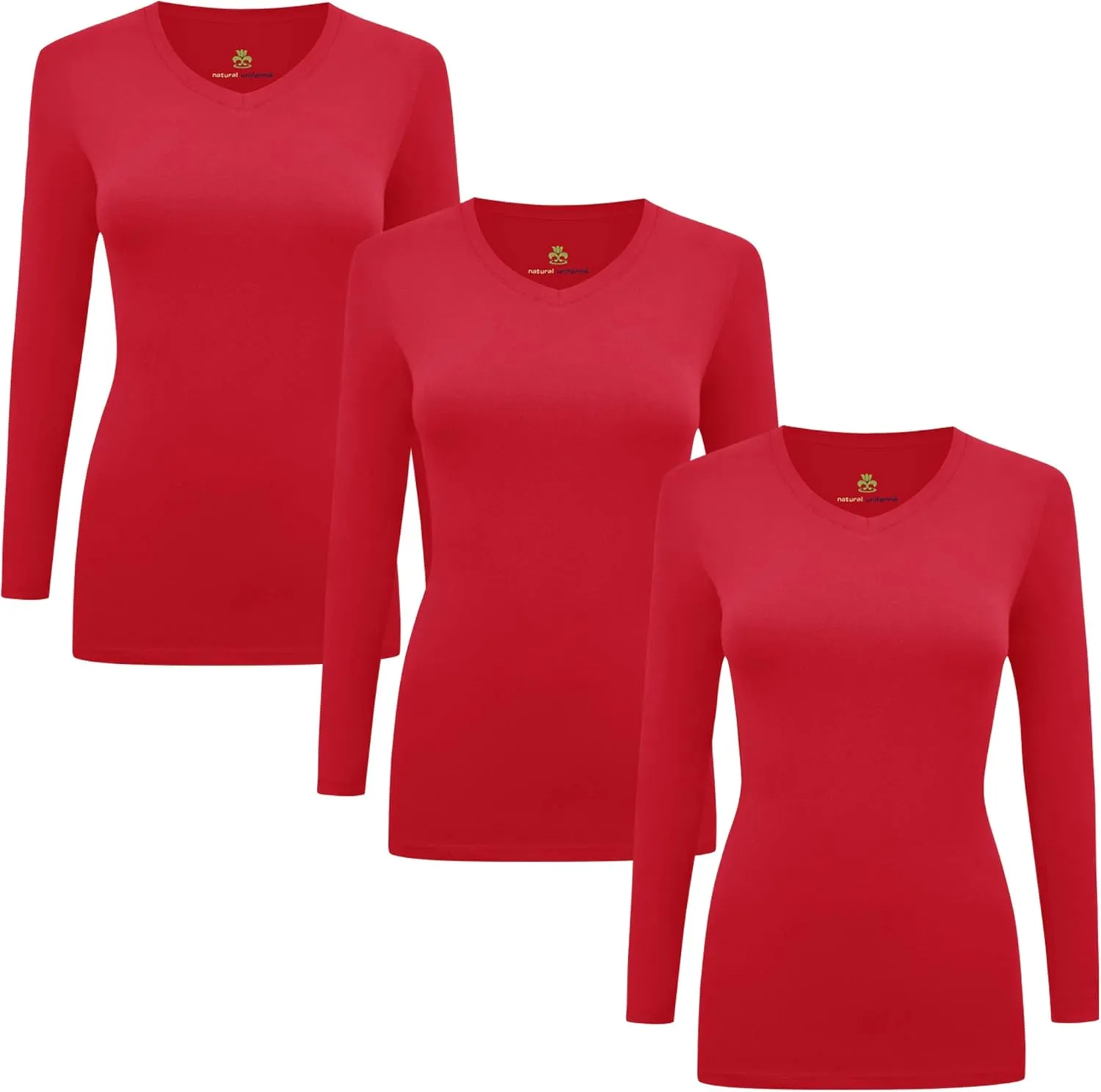 M&M SCRUBS Women's Under Scrub Tee V-Neck Long Sleeve T-Shirt - 3 Pack (Red, Large)