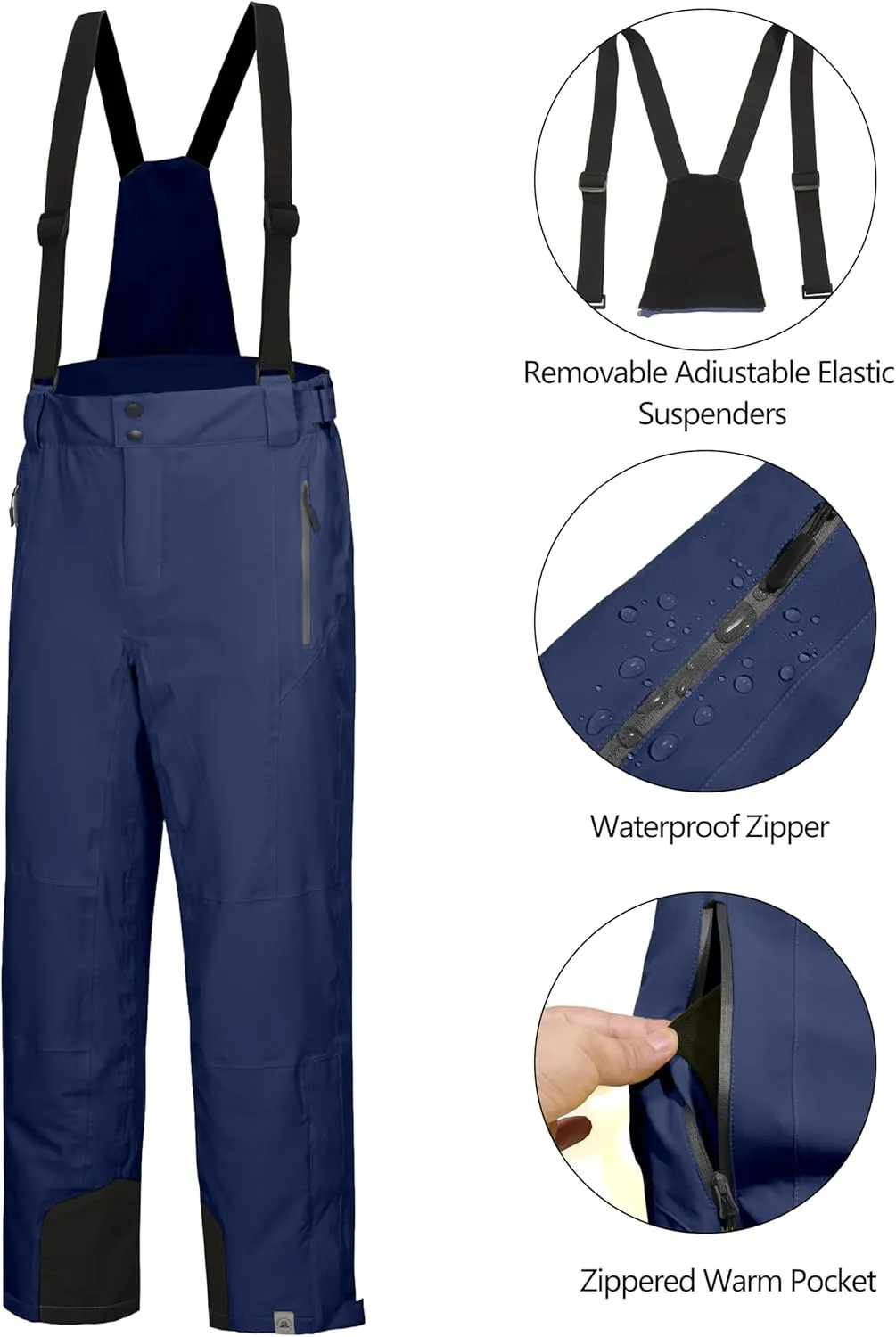 Mapamyumco Men's Snow Insulated Ski Bib Pants, Waterproof Windproof Snowboard Hiking Pants with Detachable Suspenders