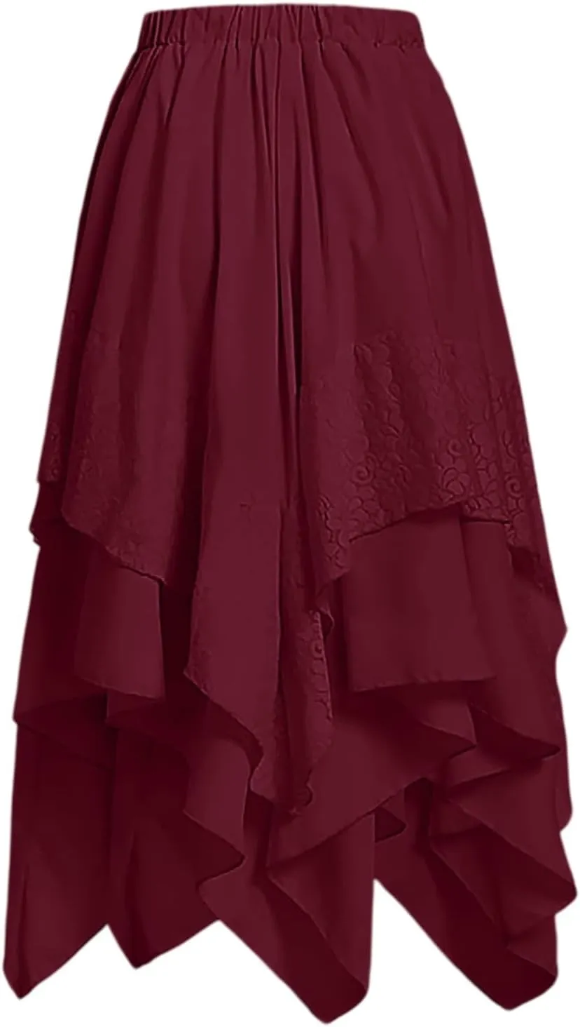 Maxi Skirts for Women High Waist Renaissance Flowy Fairy Skirt Y2k Lace Layered Asymmetrical Gothic Midi Skirt