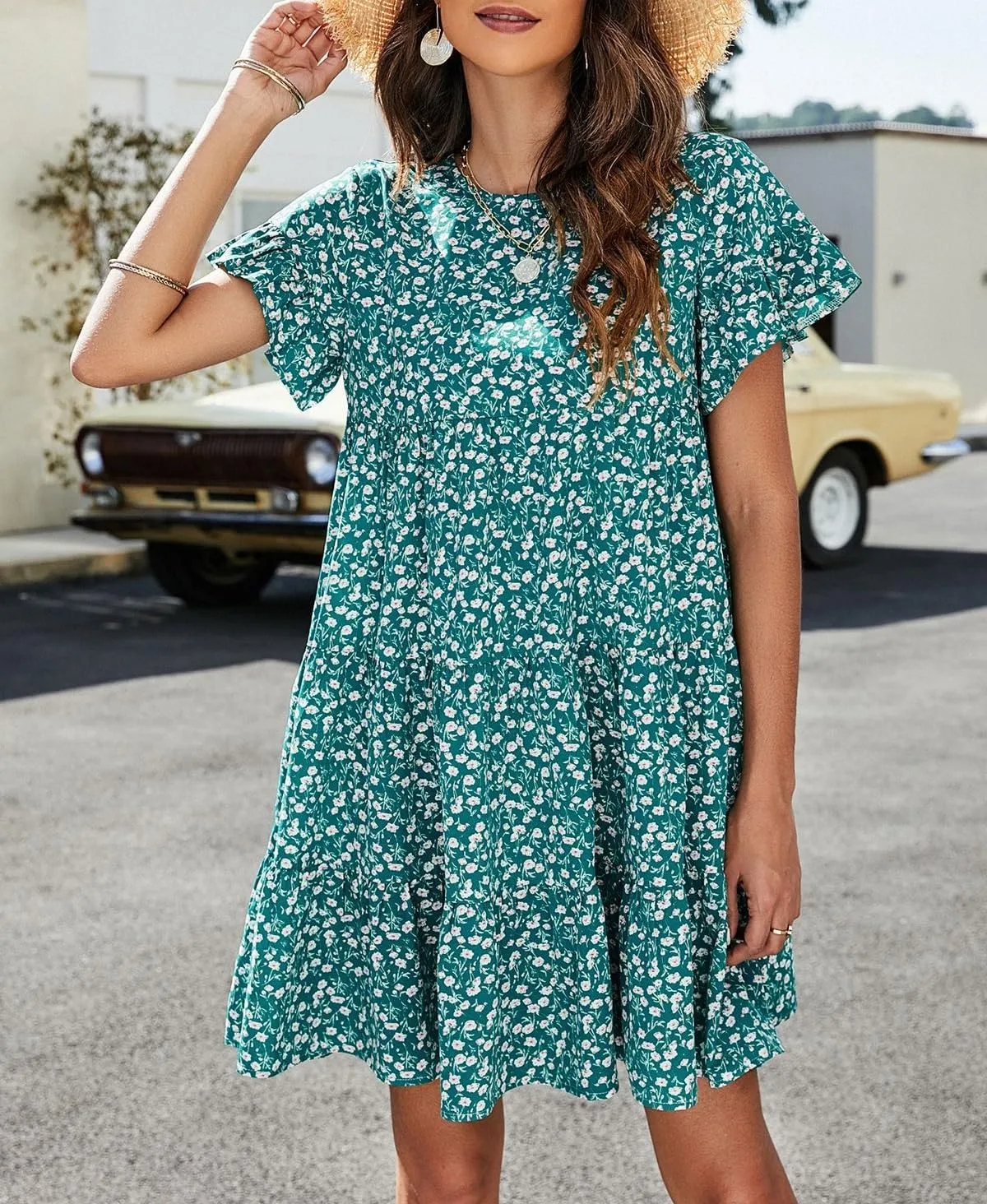 Melliflo Womens Summer Dresses Casual Short Sleeve Crewneck Ruffle Floral Print Dress Mini Dress