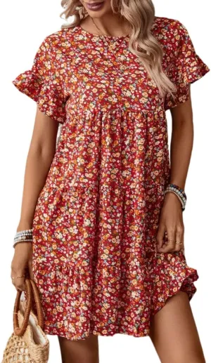 Melliflo Womens Summer Dresses Casual Short Sleeve Crewneck Ruffle Floral Print Dress Mini Dress