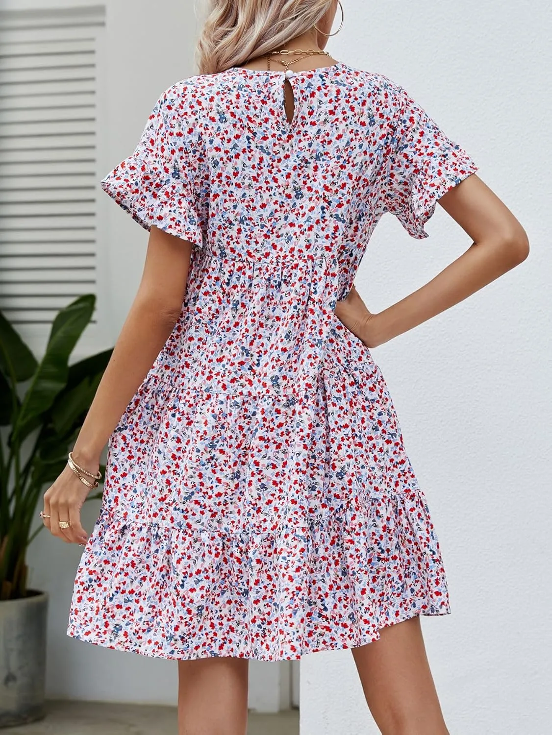 Melliflo Womens Summer Dresses Casual Short Sleeve Crewneck Ruffle Floral Print Dress Mini Dress