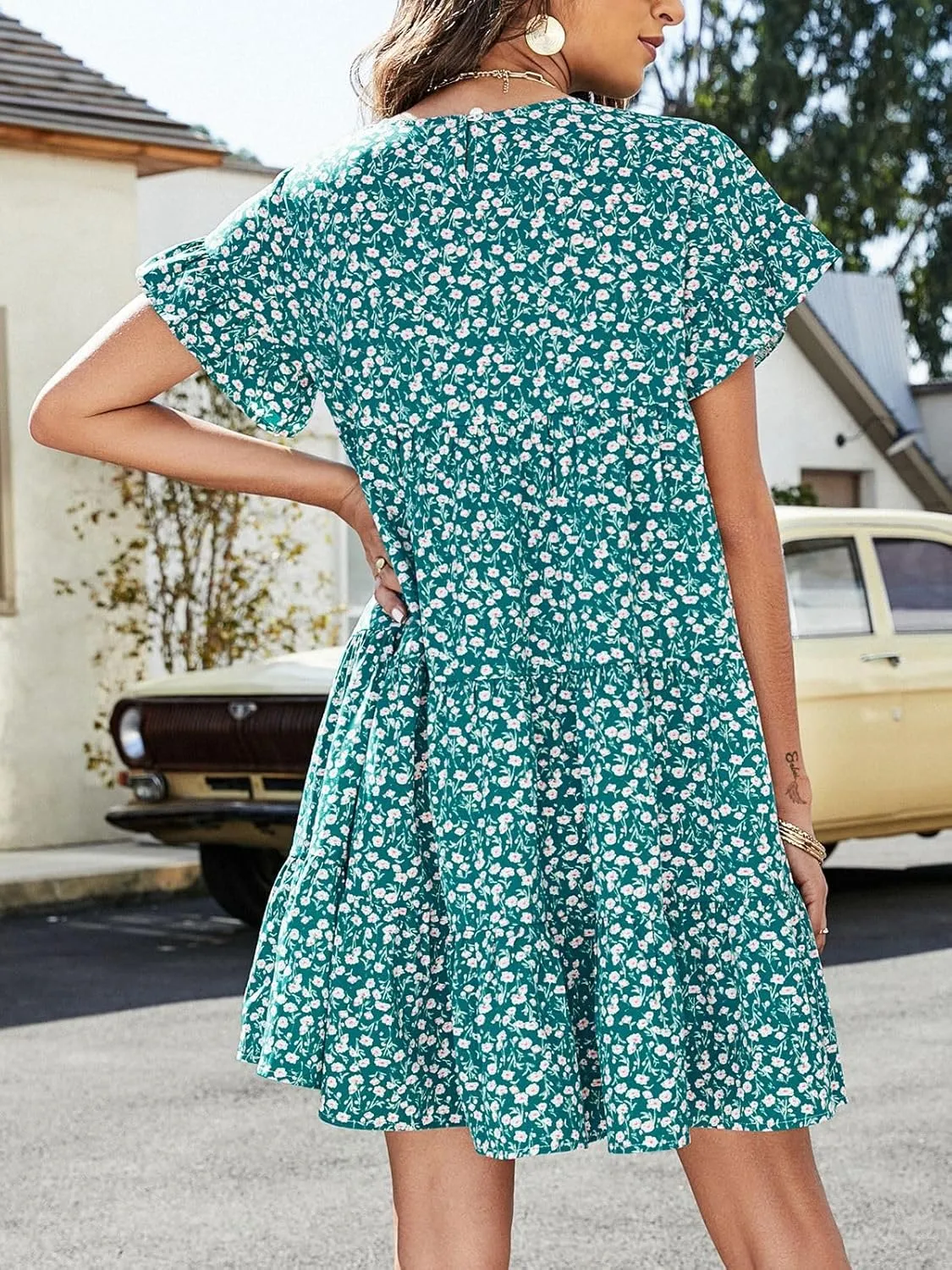 Melliflo Womens Summer Dresses Casual Short Sleeve Crewneck Ruffle Floral Print Dress Mini Dress