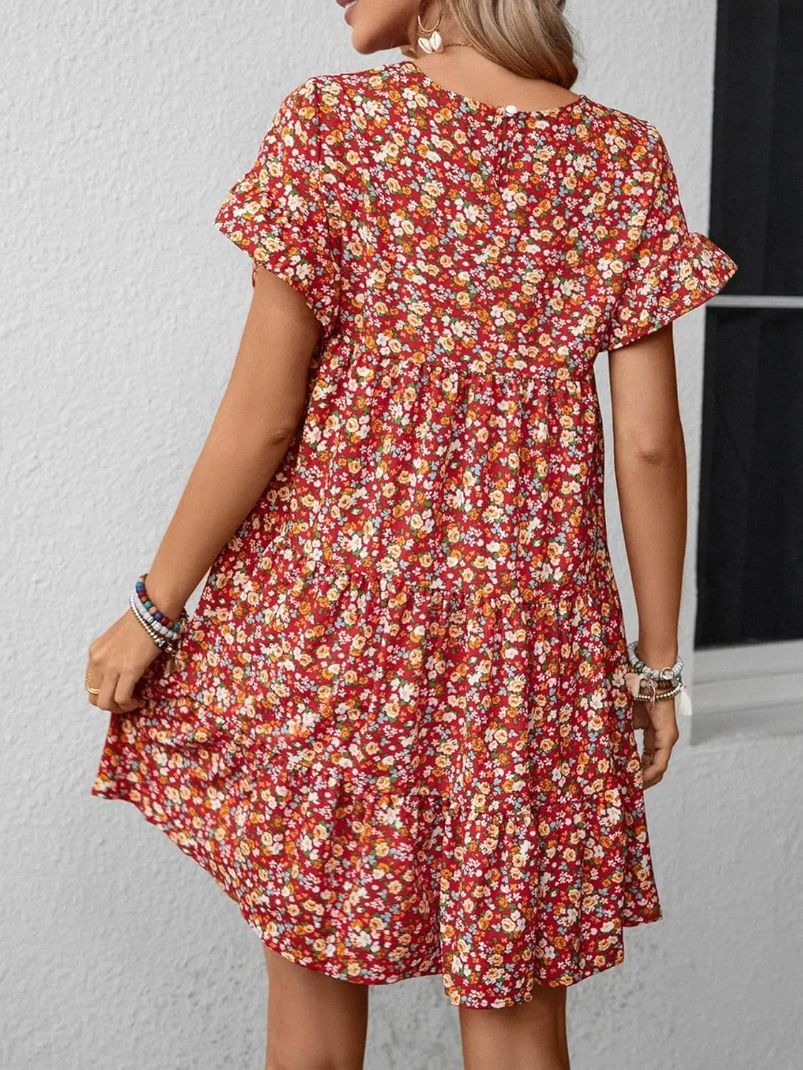 Melliflo Womens Summer Dresses Casual Short Sleeve Crewneck Ruffle Floral Print Dress Mini Dress