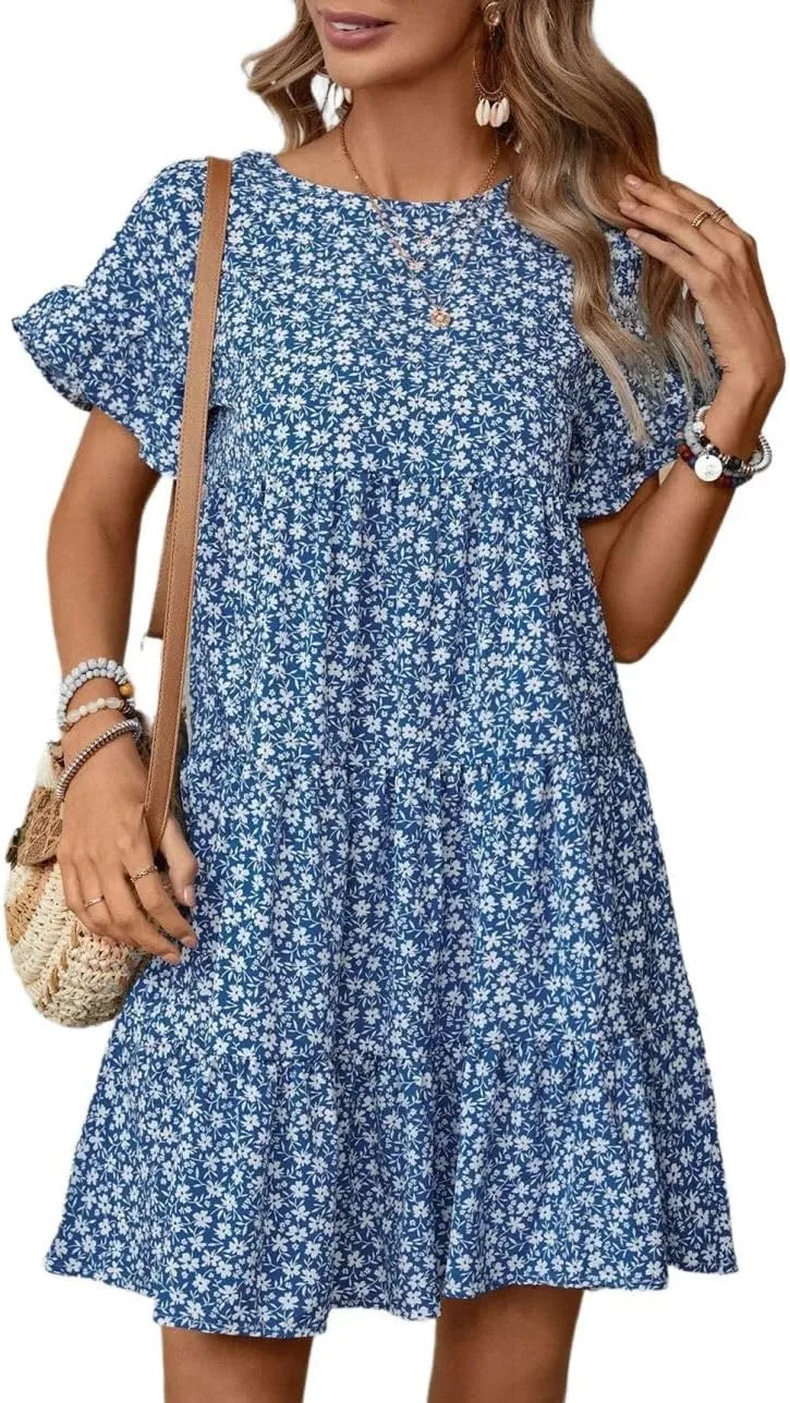 Melliflo Womens Summer Dresses Casual Short Sleeve Crewneck Ruffle Floral Print Dress Mini Dress