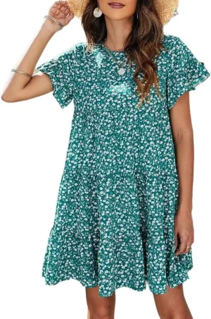 Melliflo Womens Summer Dresses Casual Short Sleeve Crewneck Ruffle Floral Print Dress Mini Dress
